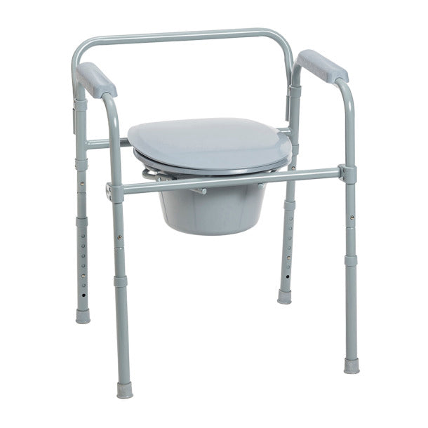 Drive Medical 11148-1 Folding Steel Bedside Commode Chair, Portable Toilet, Supports Bariatric Individuals Weighing Up To 350 Lbs, with 7.5 Qt. Bucket and 13.5 Inch Seat, Grey