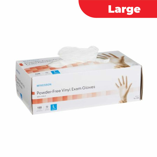 McKesson Large Vinyl Exam Gloves, 150 Count, 9.4 in Length, Disposable, Powder-Free, Latex-Free, Sterile Polymer Coating